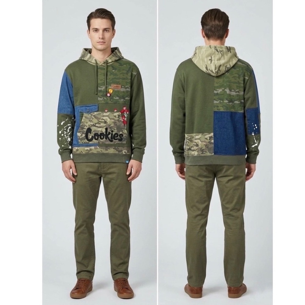 Cookies‎ SF Mens Patchwork Camo Denim Hoodie Olive Green Fleece Hoodie XL